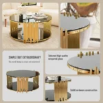 Modern circular coffee table with stainless steel base and tempered glass top on wooden floor