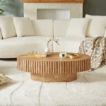 Goldoma modern oval coffee table with sturdy pedestal base in living room
