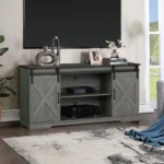 Goldoma mid-century adjustable TV stand for 60-64 inch TVs with sliding drawer and X-cross design in two-tone brown and gray