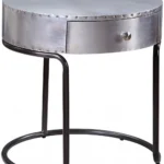Goldoma 21 inch round end table with drawer - silver aluminum top and wood base side table