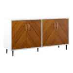 Goldoma mid-century console table with faux-bookmatch doors in white and teak, featuring two cabinets and metal legs, placed in a living room setting