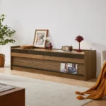 Goldoma modern TV stand with LED lights and charging ports for TVs up to 75 inches featuring four drawers and tempered glass top