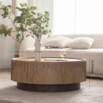 Goldoma mid-century modern round coffee table with carved wood design - solid wood coffee table for small living room
