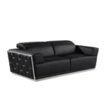 Genuine leather sectional sofa in black with silver trim, 89 inches wide, featuring tufted stitching and modern L-shape design