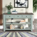 Goldoma retro blue console table with drawers and shelves in living room
