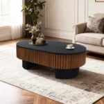 Modern hidden storage coffee table with solid wood veneer in elliptical shape, featuring a removable top for storage access