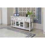 Goldoma 70 inch white solid wood TV stand with open shelving and distressed finish in a living room setting
