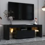Goldoma modern TV stand with LED lights and adjustable storage in a living room