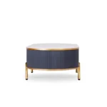 White and gold oval coffee table with drawer and stone top in modern living room