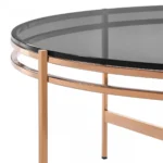 Goldoma 35 inch round glass coffee table with gold stainless steel frame and gray tempered glass top in living room