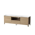 Goldoma 58-inch faux marble TV stand with wooden cabinets and open shelves for storage