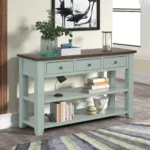 Goldoma retro blue console table with drawers and shelves in living room