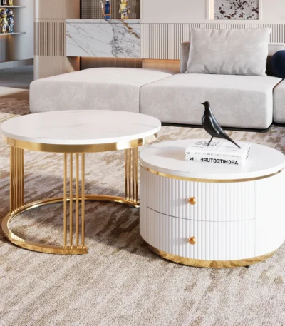 White round nesting coffee table with drawer by Goldoma, featuring a two-piece set for space-saving living room furniture