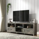 70-inch TV stand with black pine finish, featuring four open compartments and two drawers for media storage