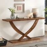 Goldoma Modern Rustic Console Table with cross-leg design in oak finish - solid wood and MDF rustic console table for entryway or living room