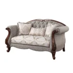 Goldoma genuine leather loveseat in beige and dark brown with tufted backrest and toss pillows