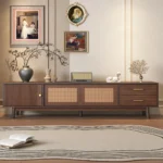 Goldoma adjustable TV stand for 80 inch TV with sliding doors and drawers in modern mid-century wood design