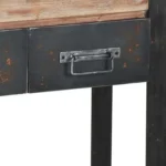 Goldoma narrow console table with drawers in solid oak and black metal sled base, placed in an entryway with decor