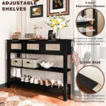 Farmhouse console table with 3 drawers and rattan shelves in entryway