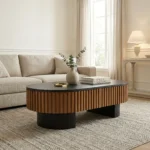 Goldoma 43.7 inch elliptical modern coffee table with hidden storage and removable tabletop in a living room setting