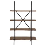 Goldoma 79-inch industrial step bookcase with solid acacia wood shelves and black metal frame in a living room setting