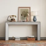 Modern console table with electric fireplace featuring oak veneer top and storage shelf in a living room setting