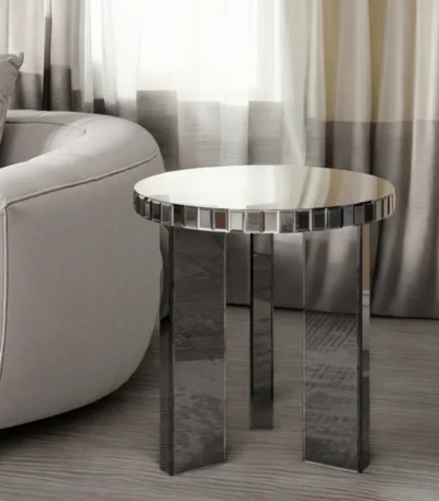 Goldoma 20-inch round mirrored end table with faux marble top and silver glass base for living room