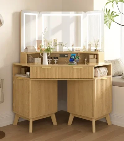 Goldoma corner makeup vanity desk with 3-way adjustable lighted mirror and USB charging station in natural oak finish