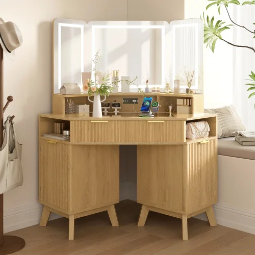 H56d9ef86234c43bea748be1cc7ff8d95G.webp Goldoma corner makeup vanity desk with 3-way adjustable lighted mirror and USB charging station in natural oak finish