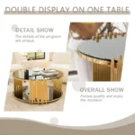 Modern circular coffee table with stainless steel base and tempered glass top on wooden floor