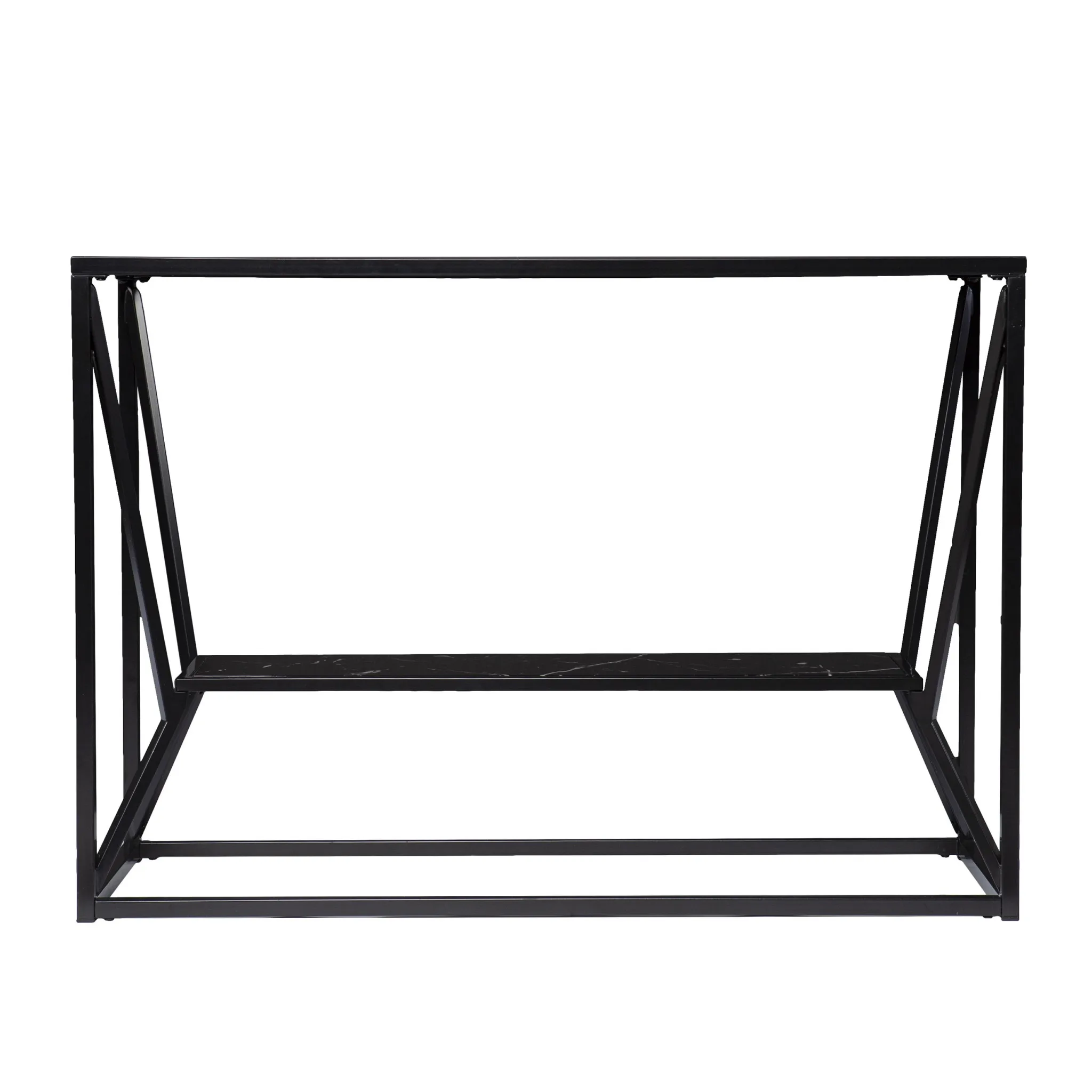 H5793a981c9fd45f09448f66d87b951797.webp Goldoma 42-inch black glass console table with shelves in a modern entryway setting