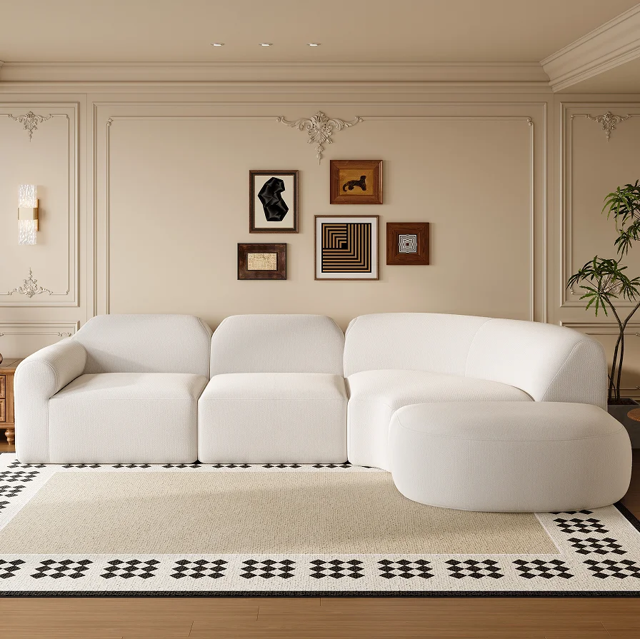 Goldoma Modern Curved L-Shape 3-Seater Sectional Sofa with Ottoman