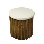 Marble round end table with brown solid wood base and ivory marble top in a living room setting