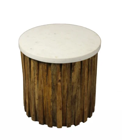 Marble round end table with brown solid wood base and ivory marble top in a living room setting