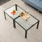 Goldoma nesting coffee table set with tempered glass top and black oak frame in modern living room