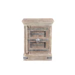 White distressed solid wood nightstand with two drawers and open shelf