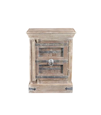 White distressed solid wood nightstand with two drawers and open shelf