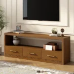 Goldoma modern wood TV stand with adjustable drawers holding a large flat-screen TV in a living room