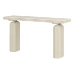 Modern acacia veneer console table in gray and black finish placed in an entryway with decorative items on top
