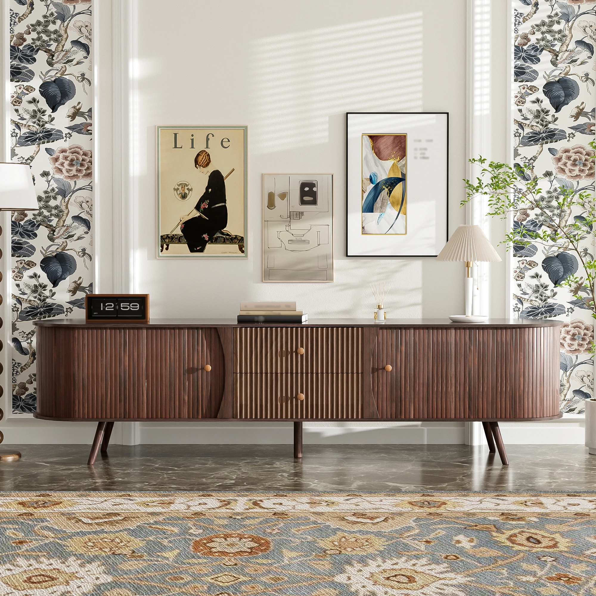 H58d4f848d834441ab61f2cd0a18afa0b6.webp Goldoma 70-inch mid century modern wood tv stand with adjustable shelves in a living room