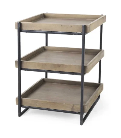 Goldoma 26-inch brown solid wood square end table with two open shelves, farmhouse style for living room