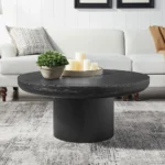Goldoma round coffee table with wood veneer top and cylindrical legs in dark brown, modern style for living room