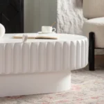 Modern oval fluted storage coffee table with lift-off lid in cream white MDF