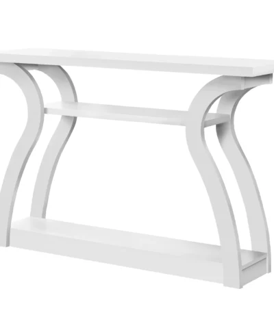 Goldoma 47-inch white console table with mirrored shelves in a living room entryway