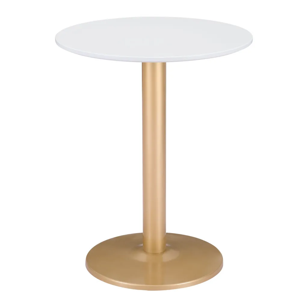 H59514e86b48a4e7fa85a462285bae6282.webp Goldoma 24-inch gold round end table with white veneer top and gold metal pedestal base in living room setting