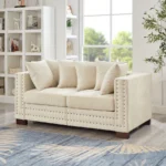 Goldoma convertible velvet loveseat sofa in apricot with tufted back and silver nailheads