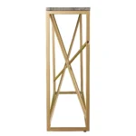 52-inch faux marble console table in gray and gold with storage shelf in living room