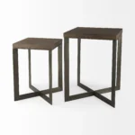 Goldoma brown solid wood square end table in living room with lamp and decor