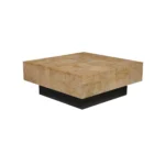 Goldoma 40" solid wood coffee table with brown top and black base, modern geometric design in a living room