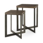 Goldoma brown solid wood square end table in living room with lamp and decor